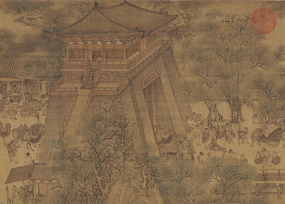 Figures, boats and buildings beside Bianjing city gate, a detail from Zhang Zeduan’s Qingming scroll.