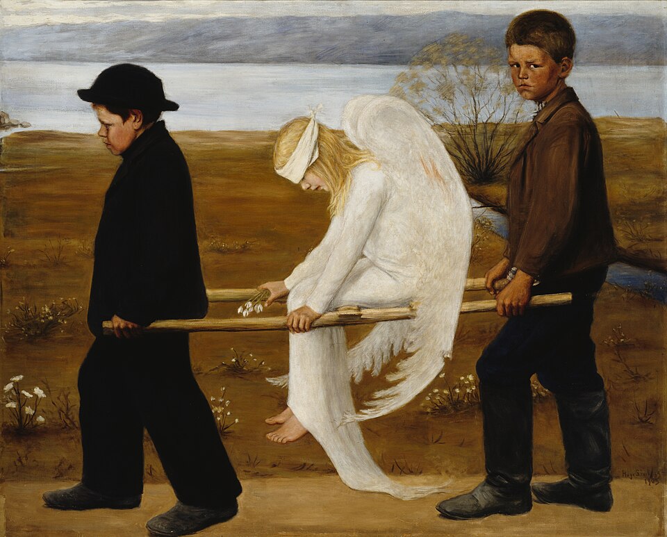 Two boys carry a bandaged angel on a stretcher beside a shoreline.