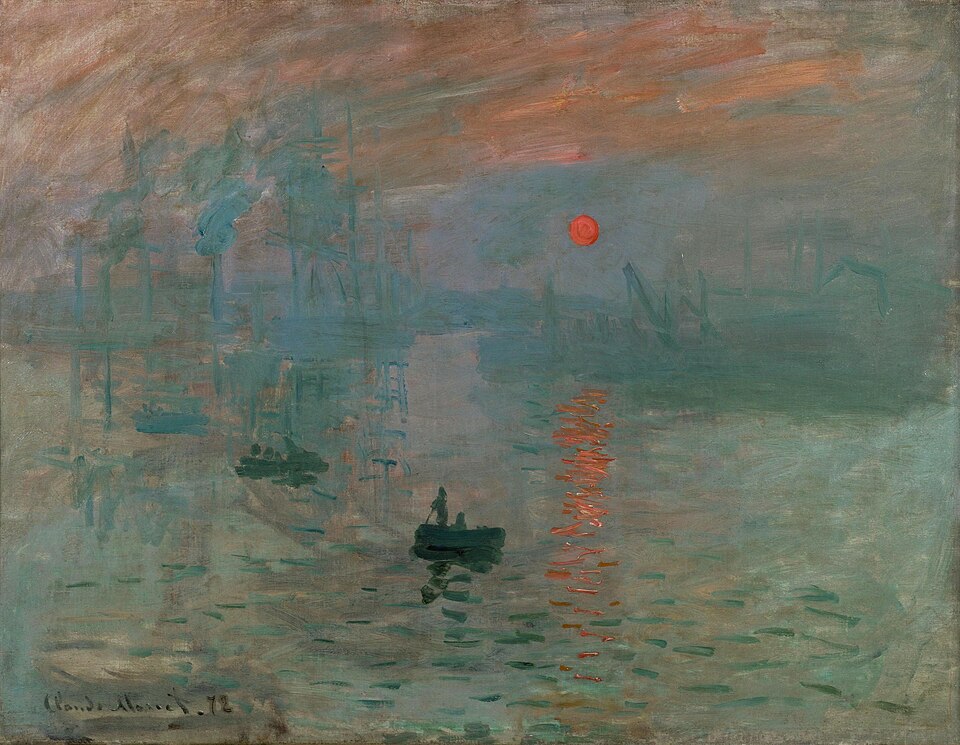 An orange sun above misty water and silhouetted boats in Claude Monet’s Impression, Sunrise.