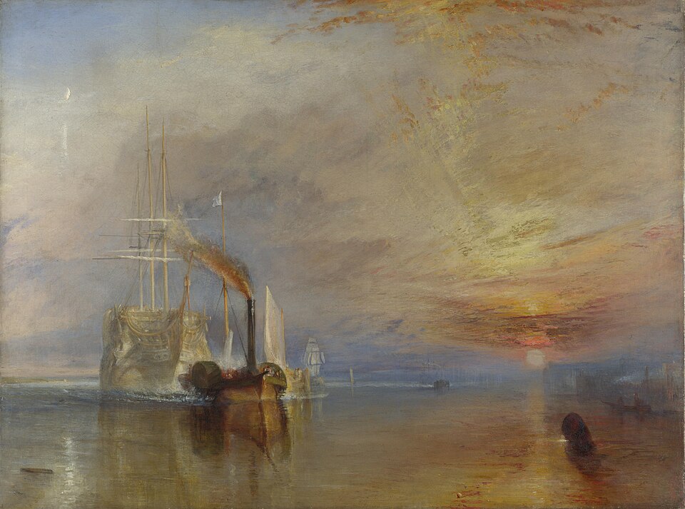 A steam tug tows a tall sailing ship at sunset in J. M. W. Turner’s The Fighting Temeraire.