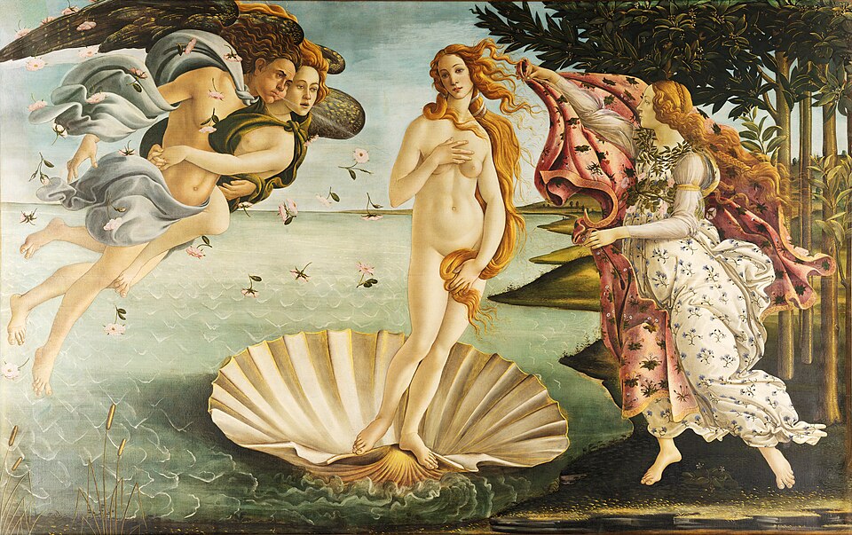 Venus stands on a shell at the shore in Sandro Botticelli’s The Birth of Venus.