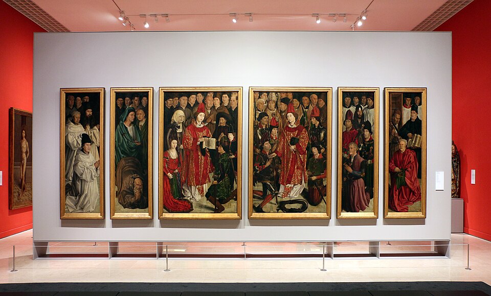 A photograph of six adjoining painted panels displayed together in a museum gallery.