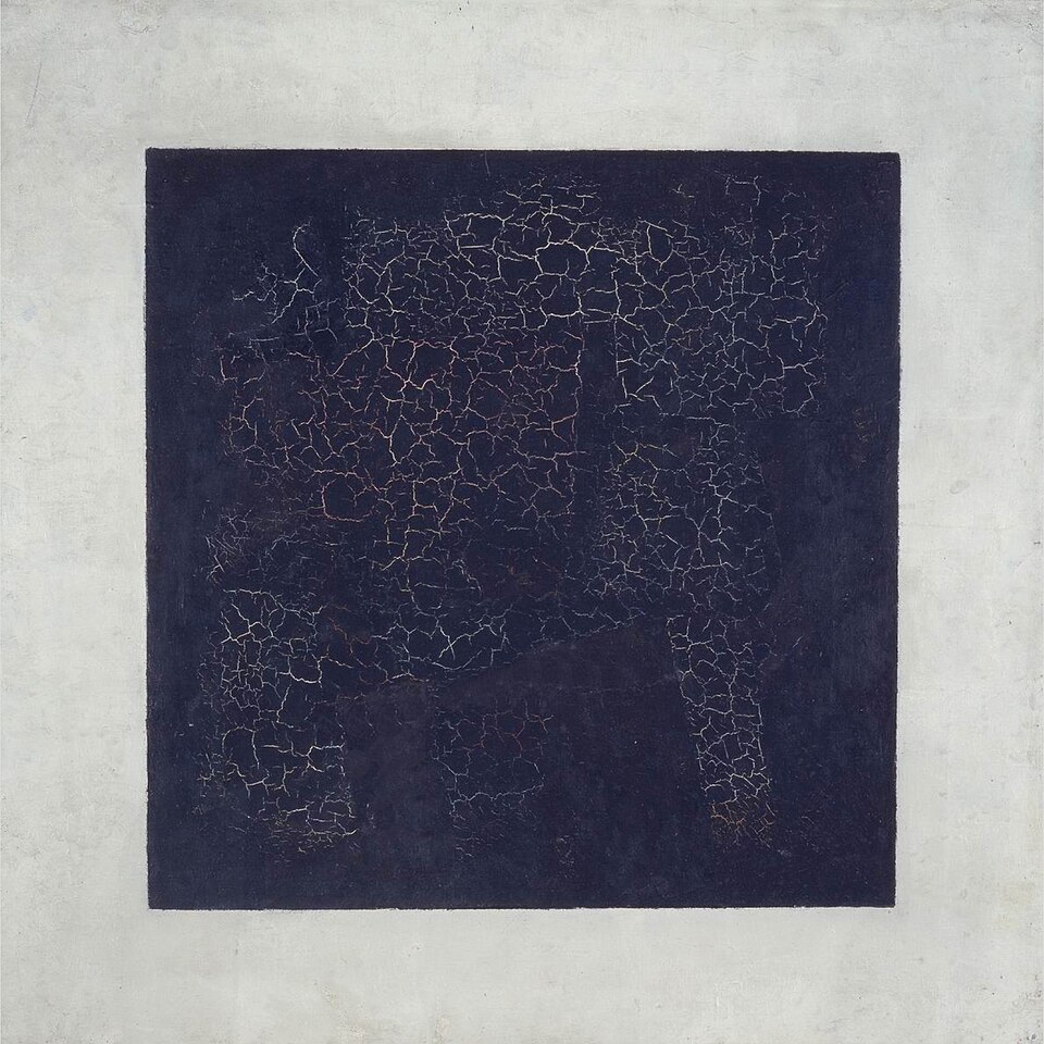 A black painted square with visible surface cracking on an off-white ground.