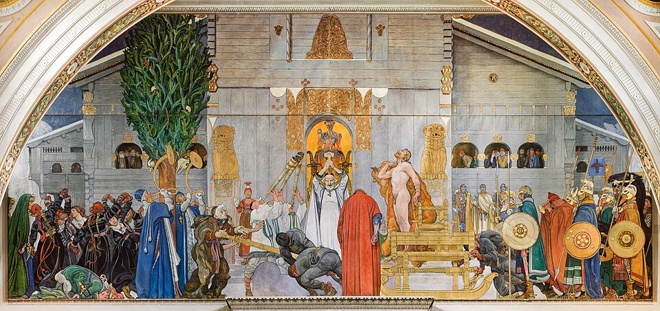 A large ceremonial scene with figures, a sled and temple architecture in Carl Larsson’s Midvinterblot.