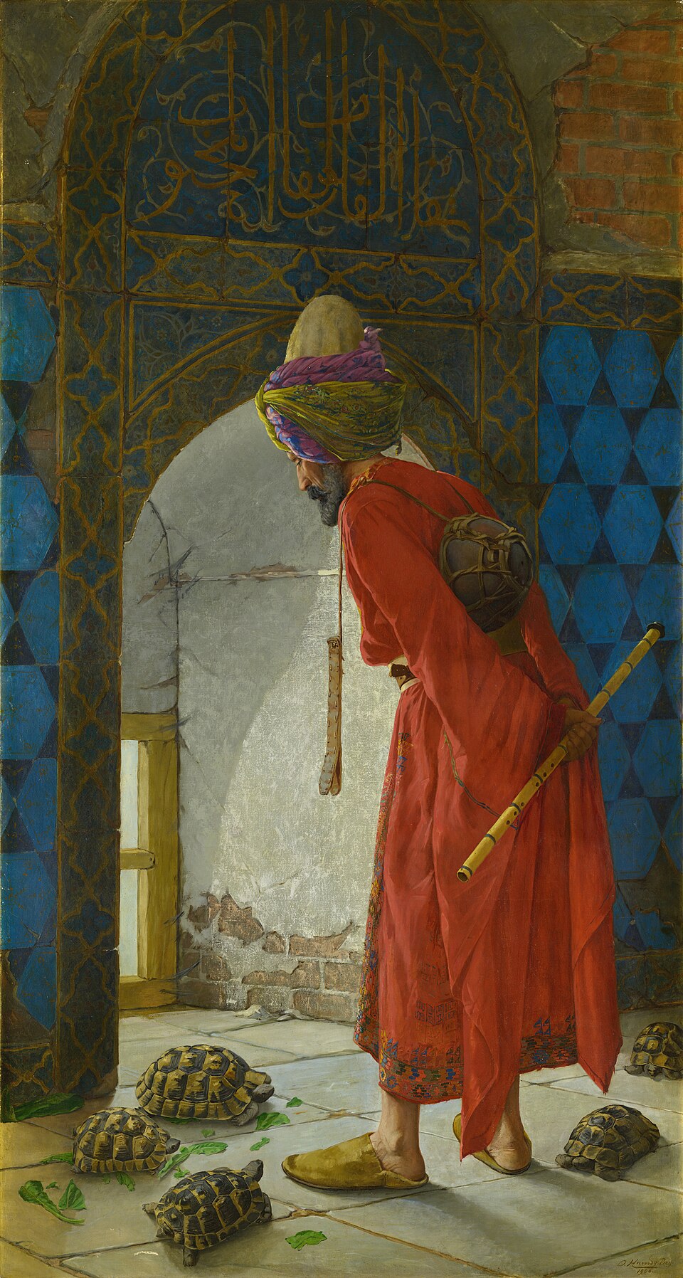A robed man stands with tortoises in a tiled interior in Osman Hamdi Bey’s The Tortoise Trainer.
