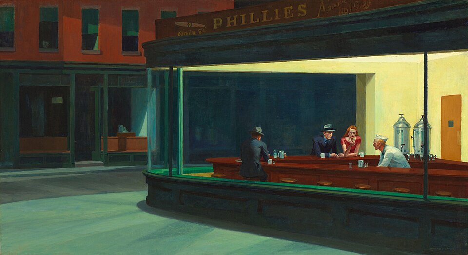 People sit in a brightly lit corner diner beside a dark street in Edward Hopper’s Nighthawks.