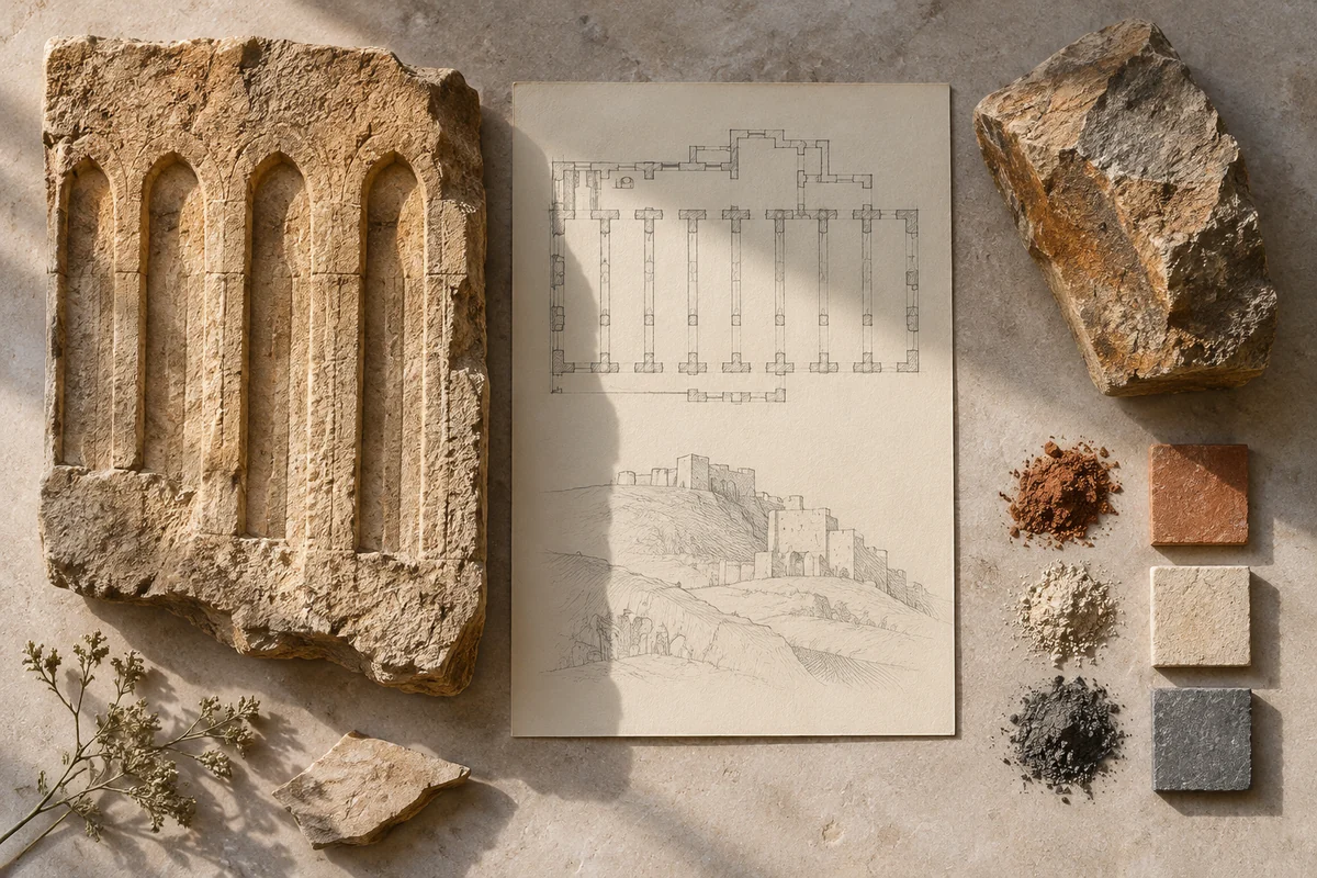 Algeria: a tabletop material and section study exploring fortified ruins & repeated prayer bays.
