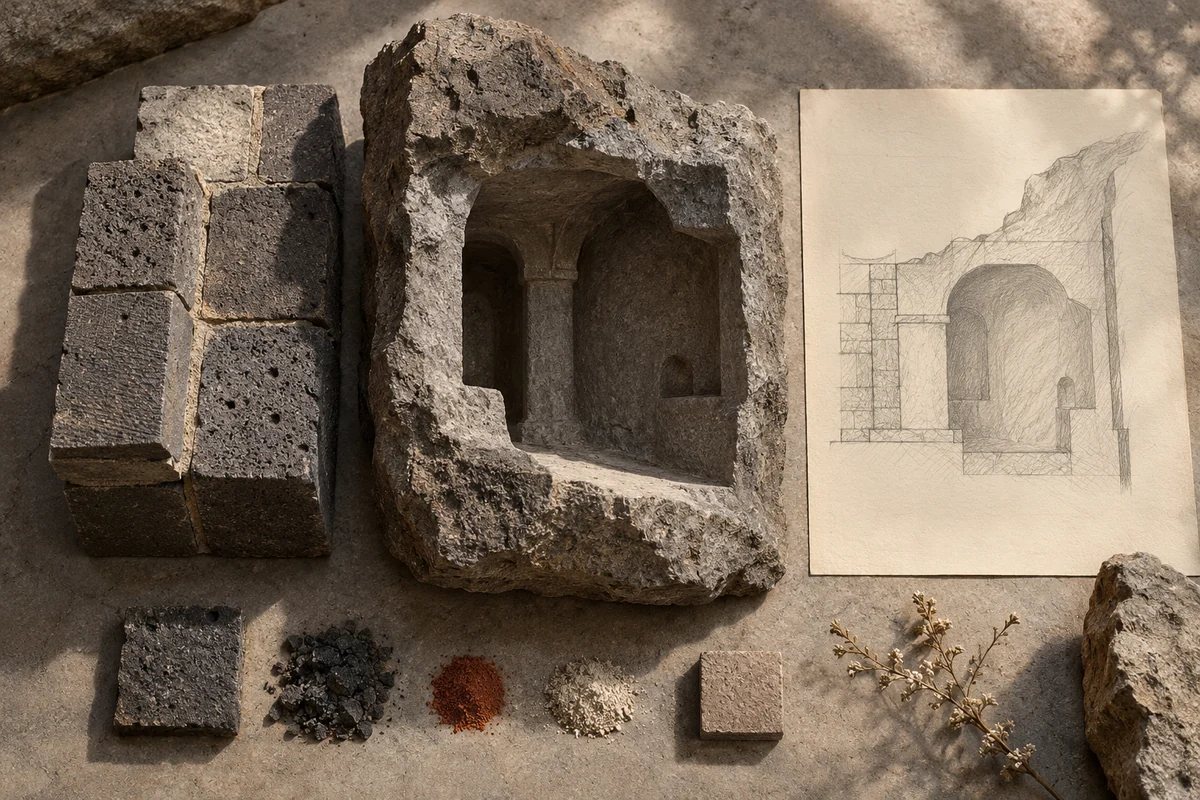 Armenia: a tabletop material and section study exploring rock-cut rooms & cliffside masonry.