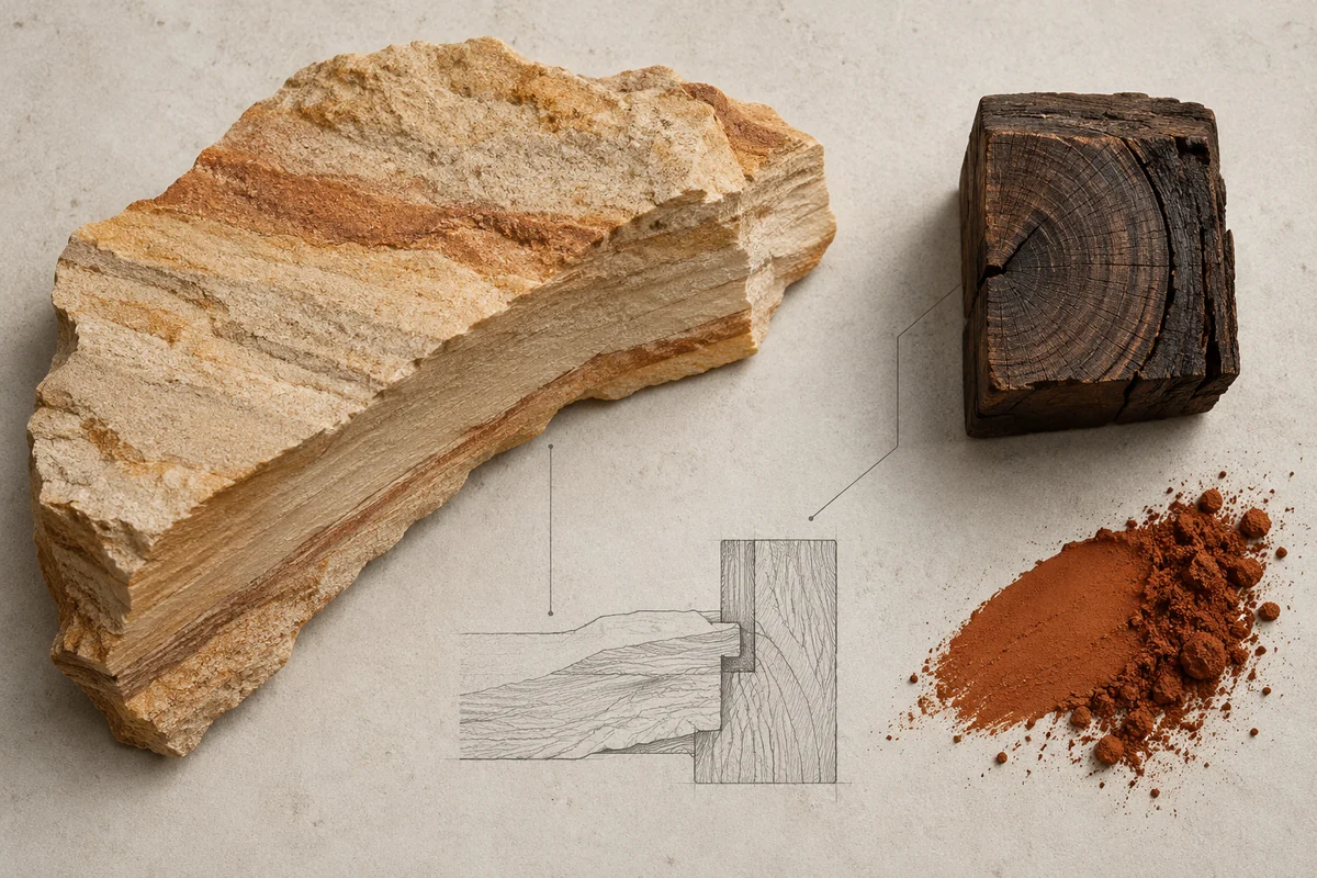 An overhead study of sandstone, ironbark end grain and ochre pigment with a fine section drawing.