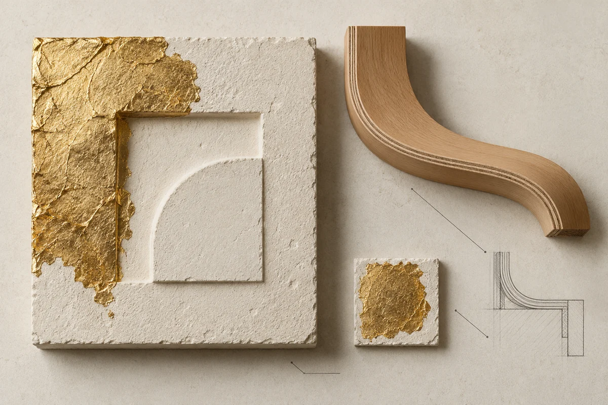 An overhead study of gilded plaster and curved beech with a fine section drawing.