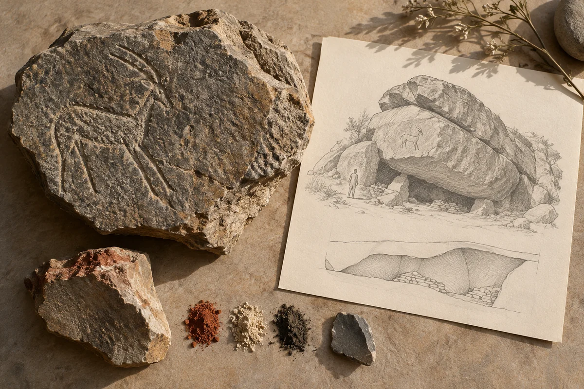 Azerbaijan: a tabletop material and section study exploring engraved boulders & inhabited shelters.