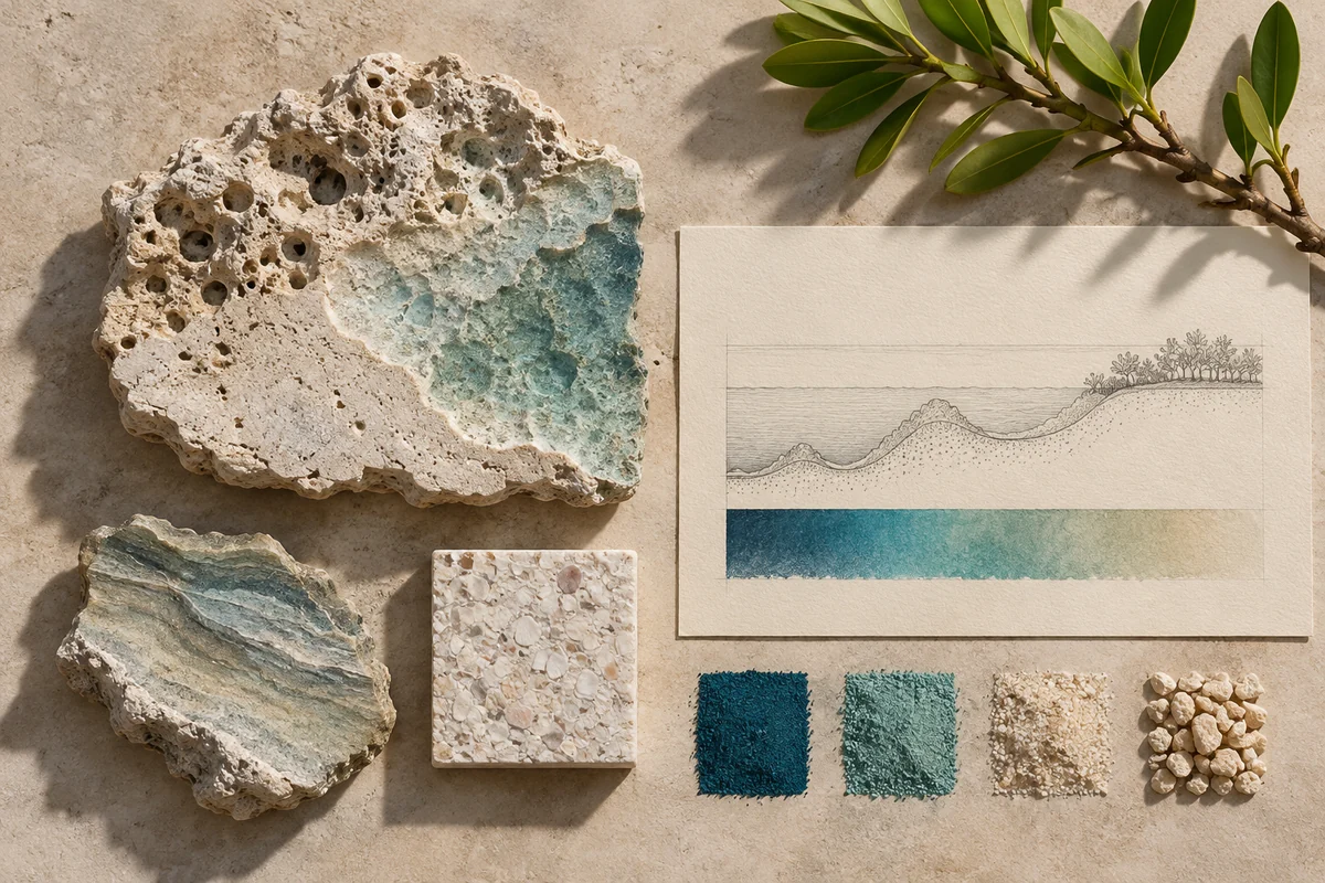 Belize: a tabletop material and section study exploring reef edges, cays & coastal lagoons.