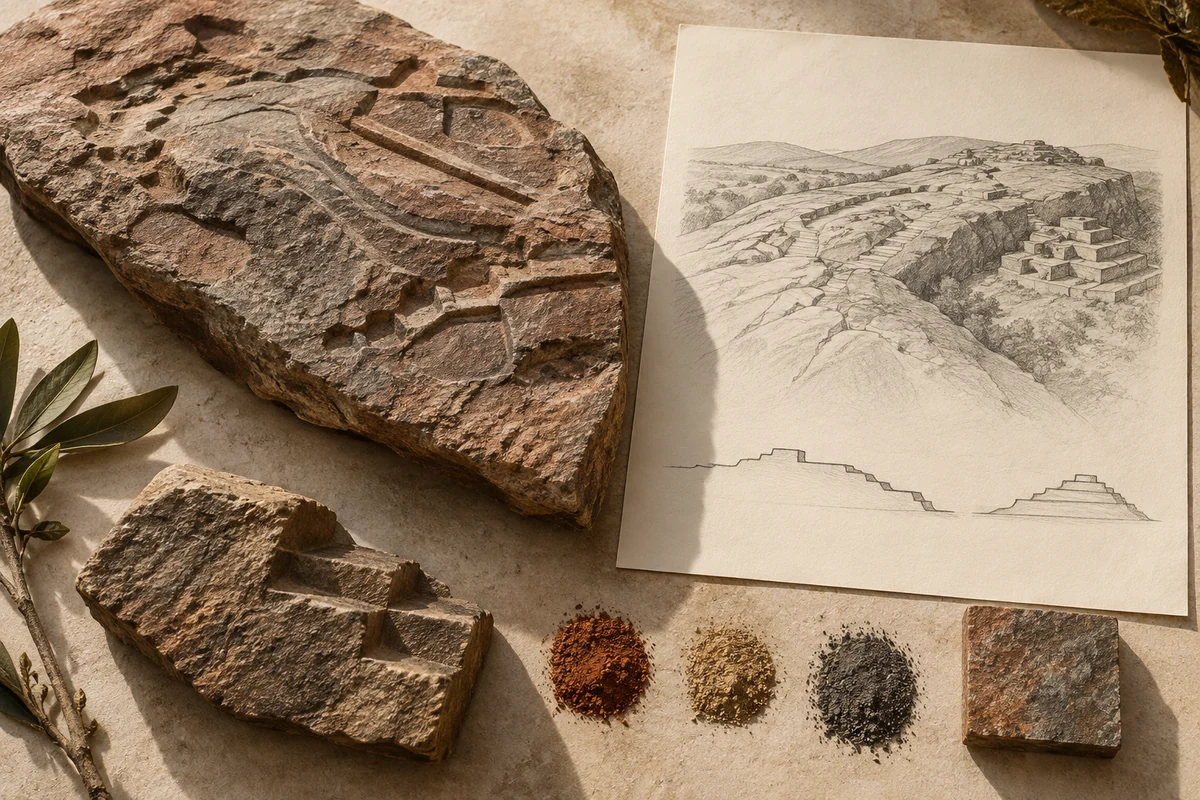 Bolivia: a tabletop material and section study exploring carved rock & settlement terraces.