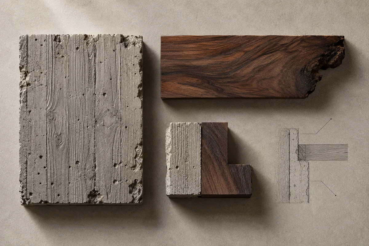 Brazil: an overhead material and section study of board-formed concrete & jacaranda wood.