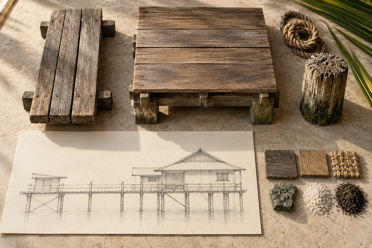 Brunei: a tabletop material and section study exploring raised houses & connected walkways.