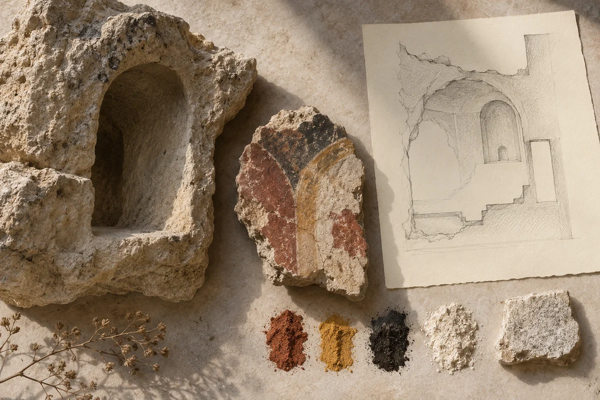 Bulgaria: a tabletop material and section study exploring rock-cut chapels & painted chambers.