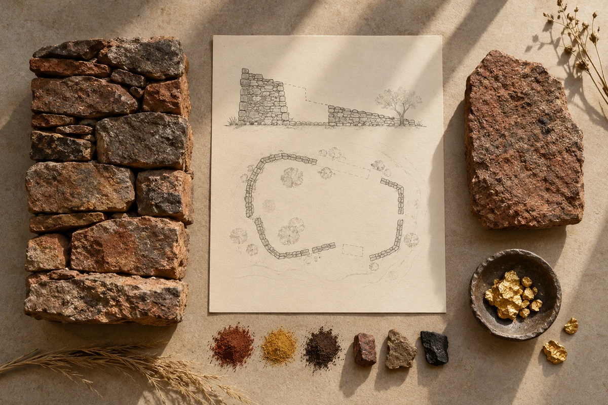 Burkina Faso: a tabletop material and section study exploring stone enclosures & gold-trade routes.