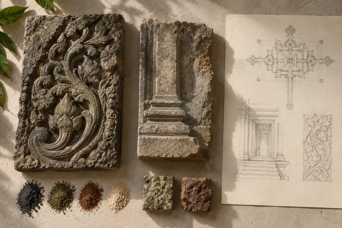 Cambodia: a tabletop material and section study exploring temple complexes & carved surfaces.