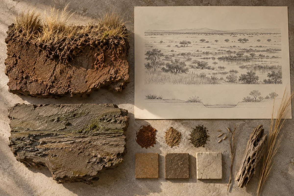 Central African Republic: a tabletop material and section study exploring savannah fields & seasonal floodplains.