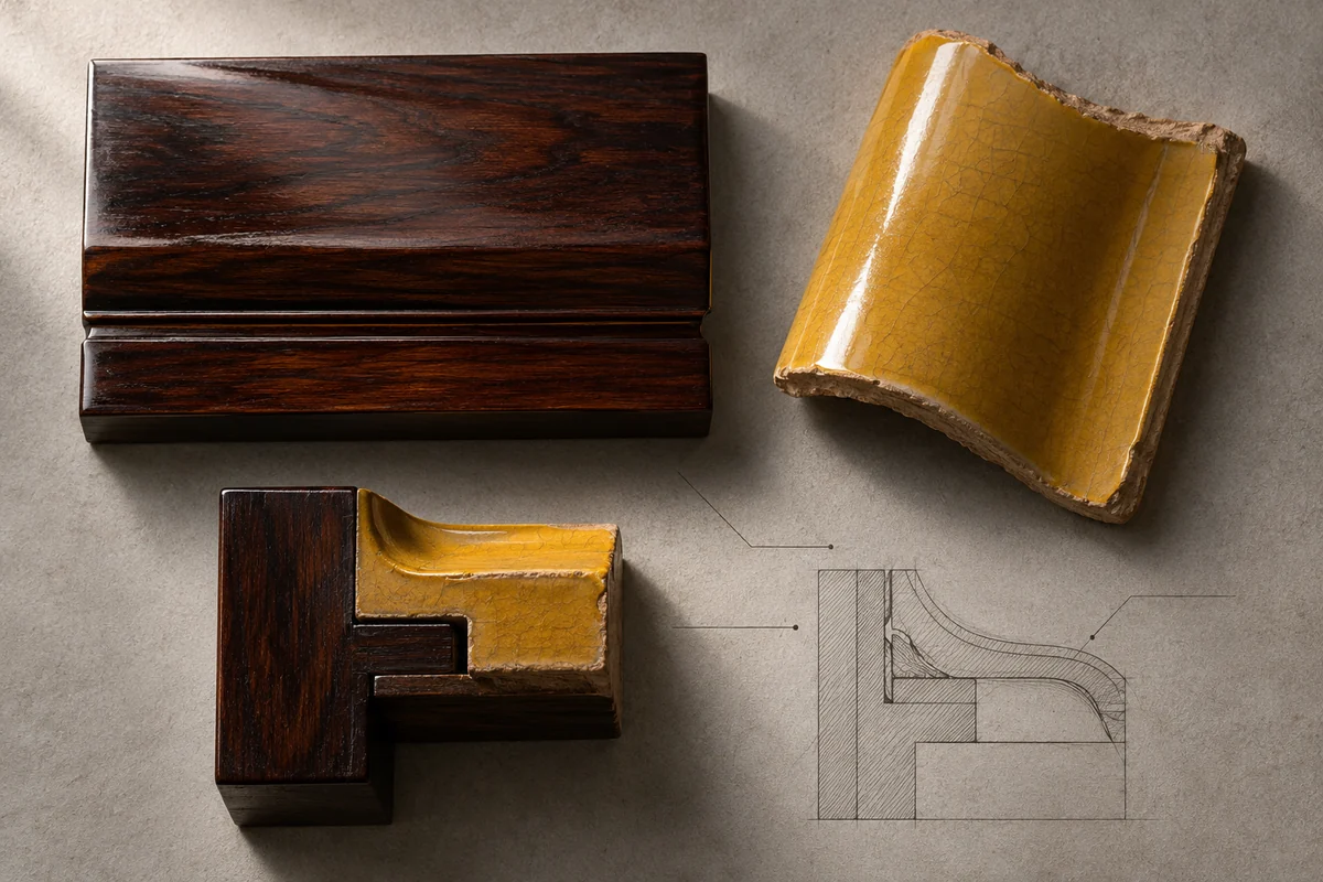 China: an overhead material and section study of lacquered nanmu wood & imperial yellow glazed tile.