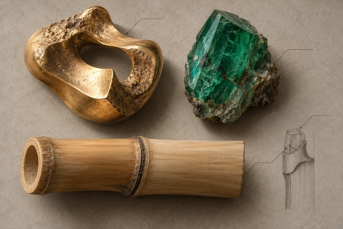 Colombia: an overhead material and section study of tumbaga gold alloy, emerald crystal & guadua bamboo.