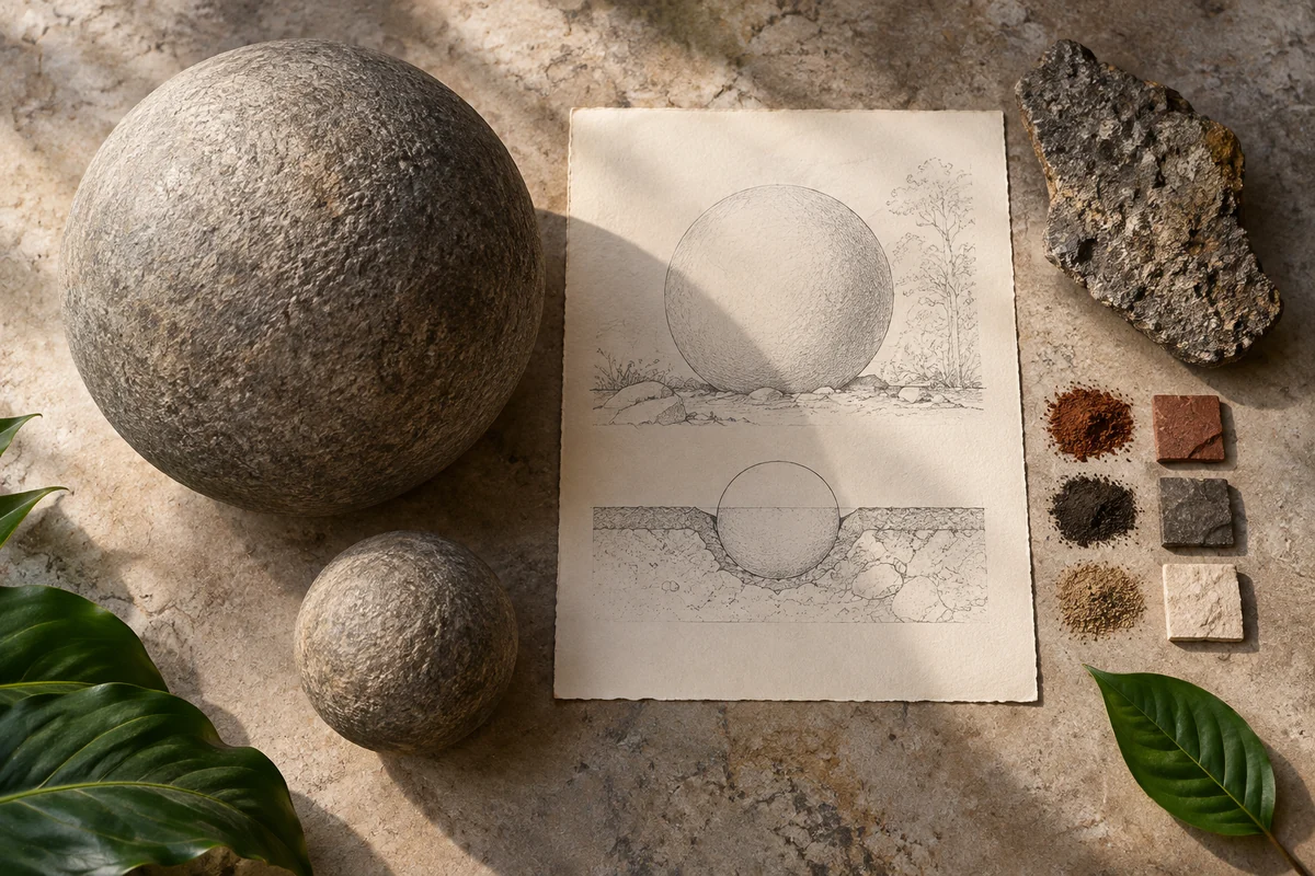 Costa Rica: a tabletop material and section study exploring stone spheres & archaeological placement.