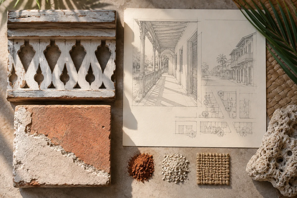Côte d’Ivoire: a tabletop material and section study exploring verandas, galleries & coastal quarters.