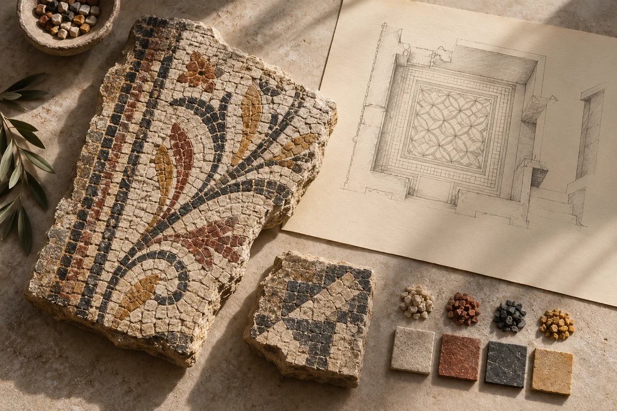 Cyprus: a tabletop material and section study exploring mosaic floors & archaeological rooms.