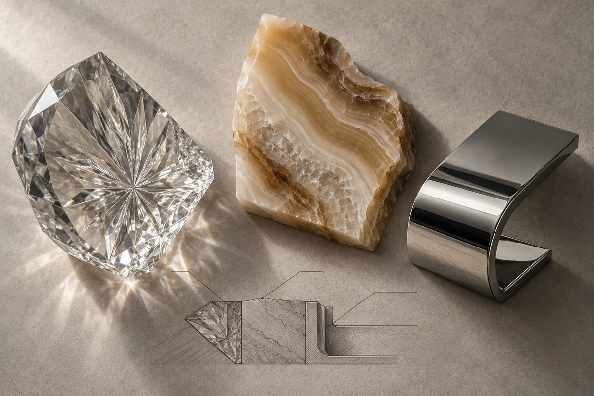 Czech Republic: an overhead material and section study of bohemian cut crystal, moroccan onyx & chromed steel.