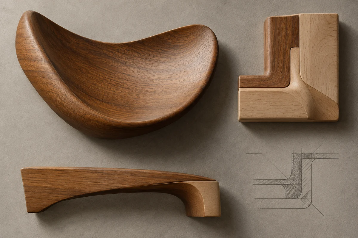 Denmark: an overhead material and section study of molded teak & beech.