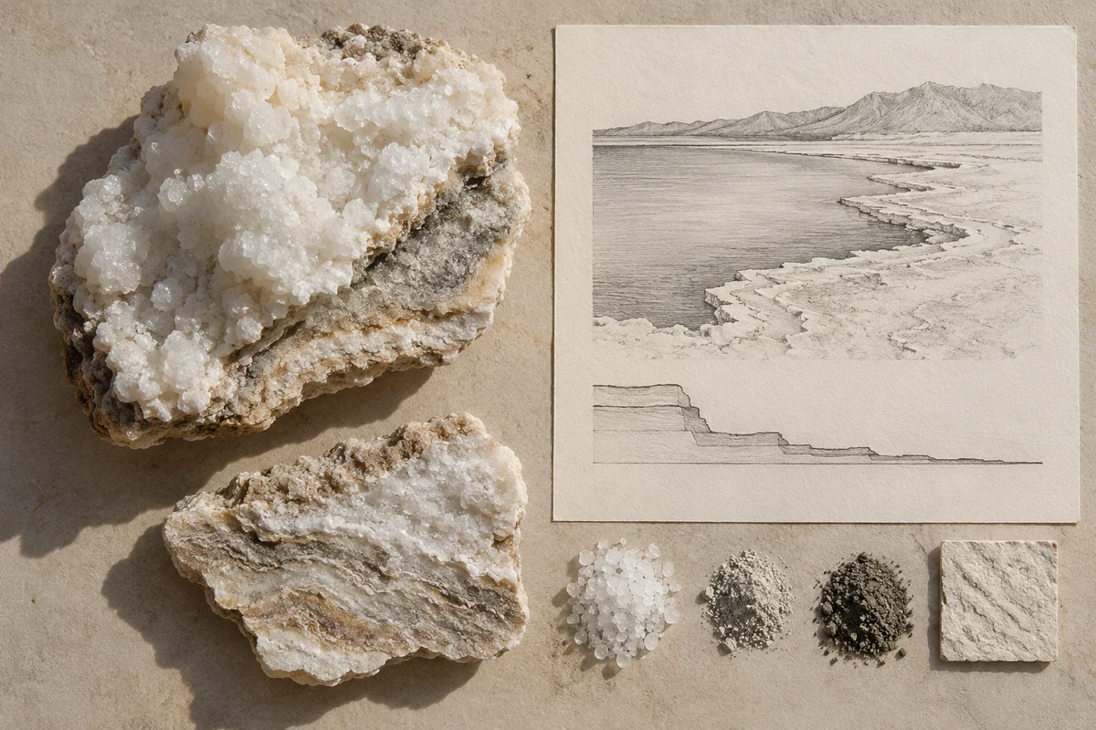 Djibouti: a tabletop material and section study exploring salt-water edges & mineral crusts.