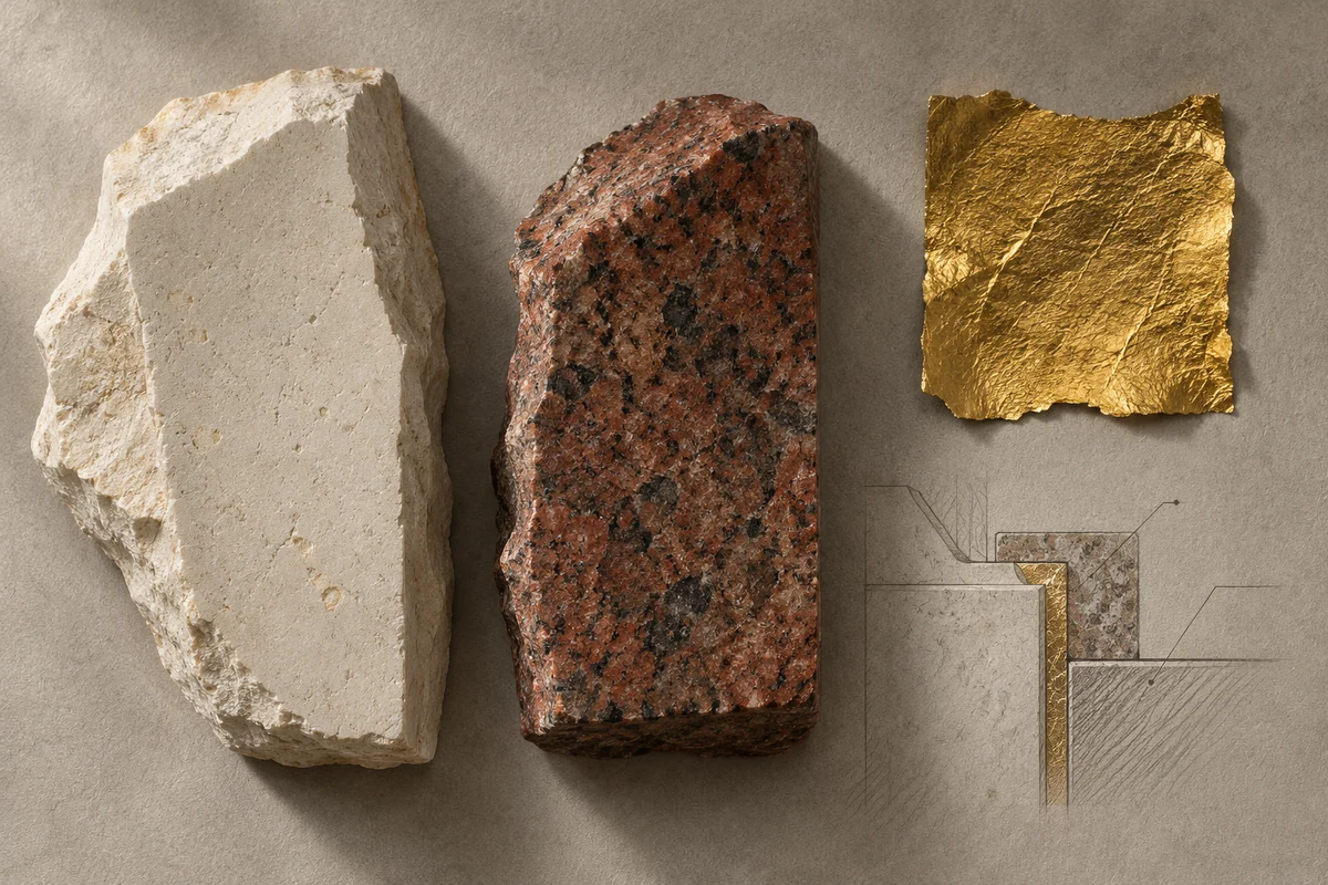 Egypt: an overhead material and section study of tura limestone, red granite & gold leaf.