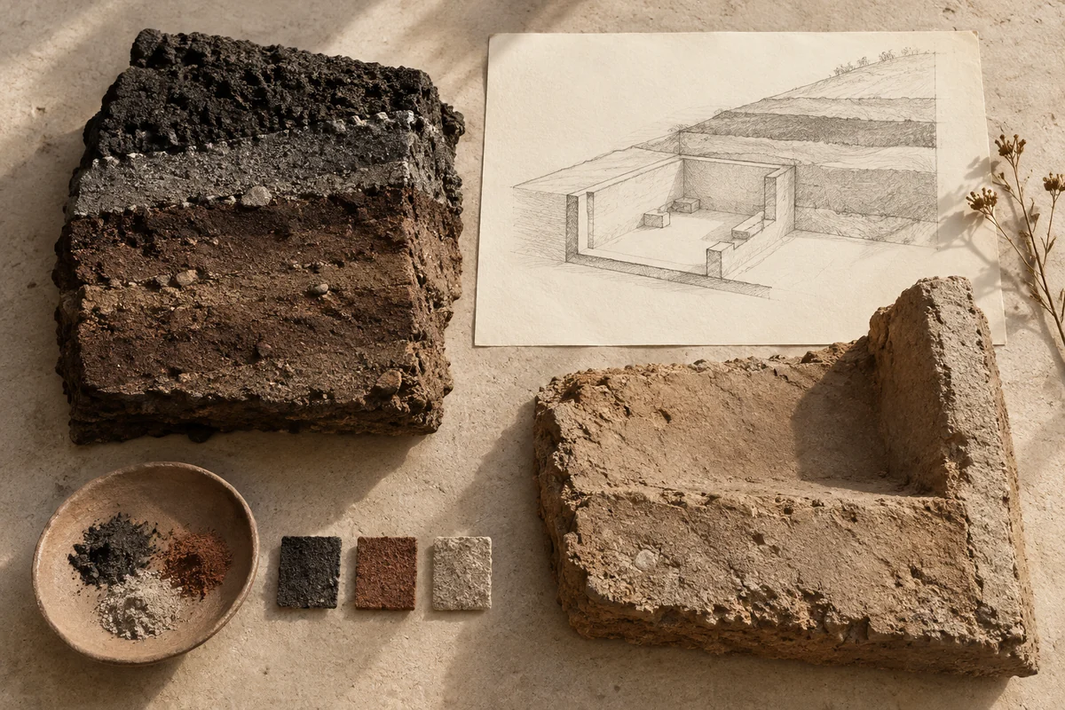 El Salvador: a tabletop material and section study exploring buried domestic spaces & volcanic layers.