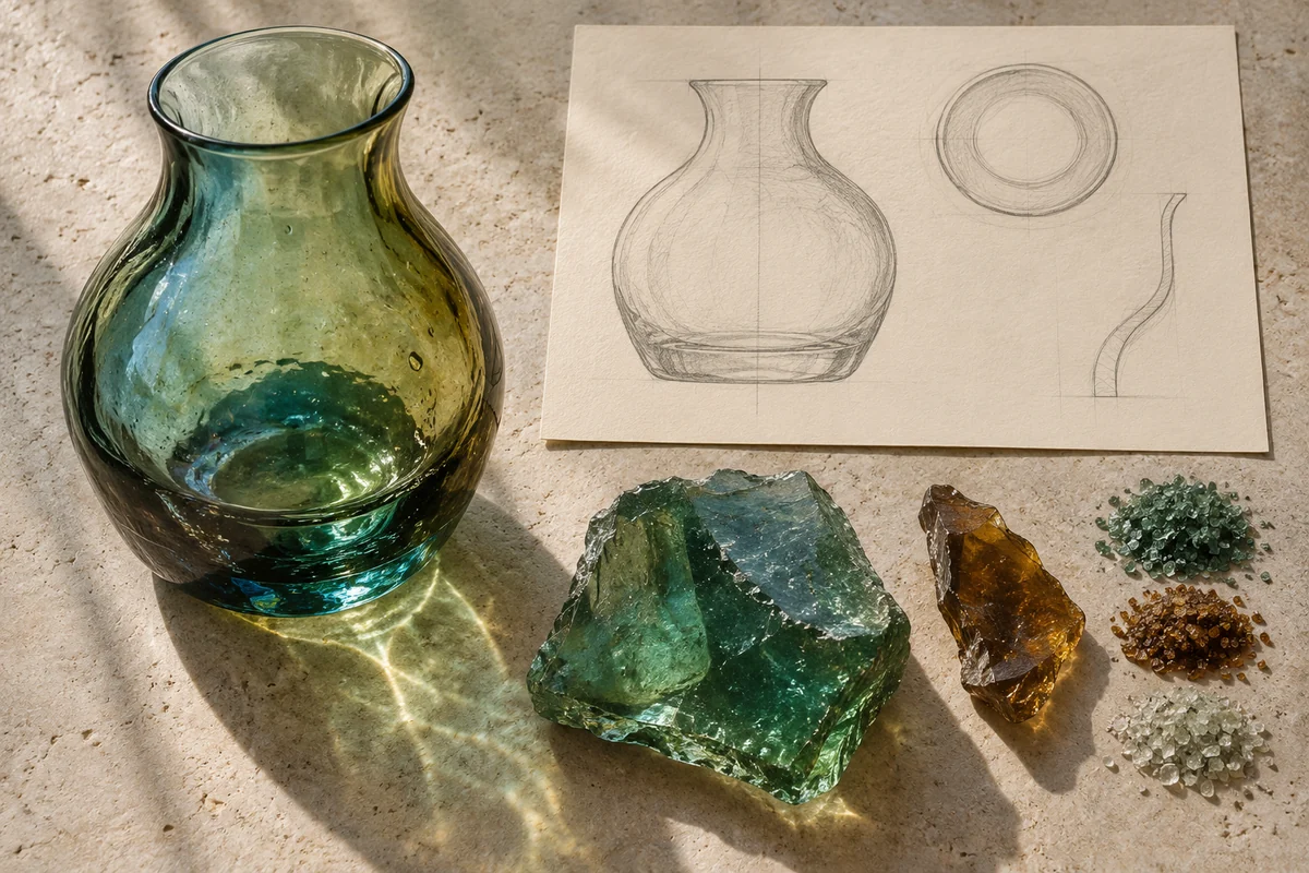 Eswatini: a tabletop material and section study exploring recycled bottle glass & blown form.