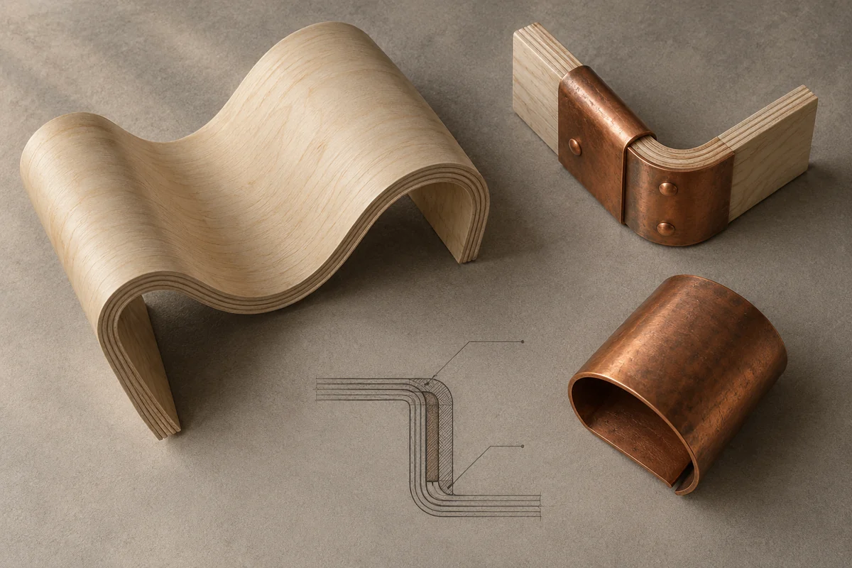 Finland: an overhead material and section study of molded bent birch plywood & copper fittings.
