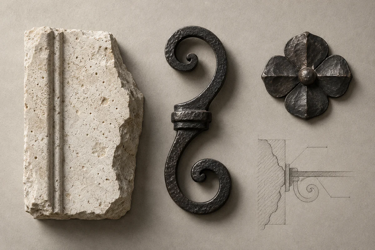 France: an overhead material and section study of limestone & wrought iron.