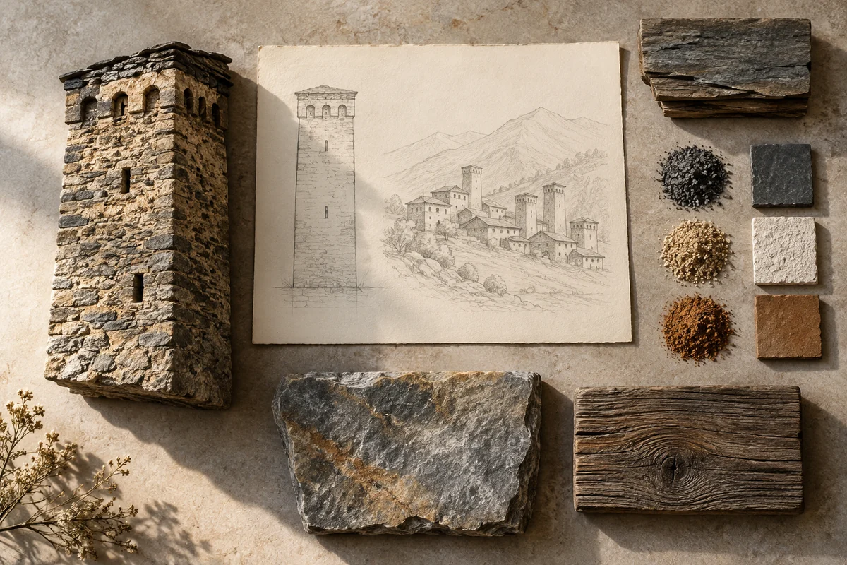 Georgia: a tabletop material and section study exploring mountain tower-houses & village groups.
