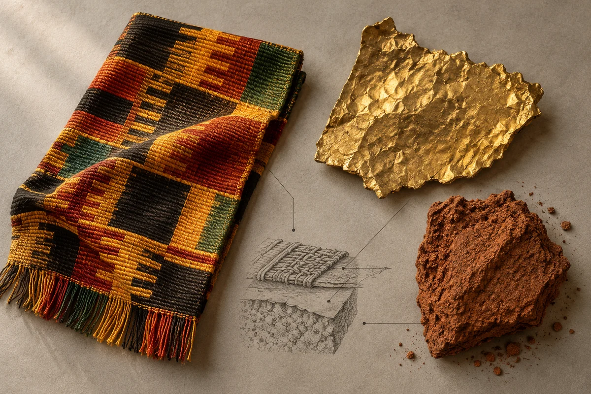 Ghana: an overhead material and section study of handwoven kente silk, beaten gold & laterite earth.