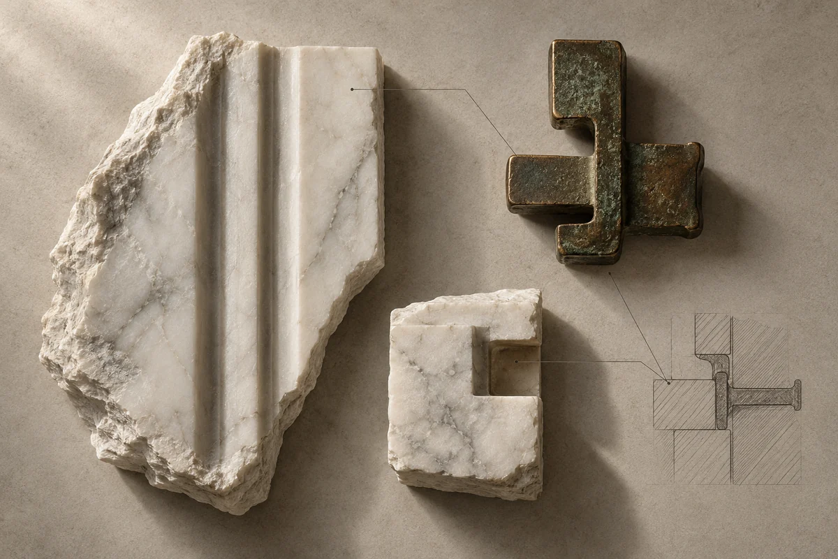 Greece: an overhead material and section study of pentelic marble & bronze clamps.