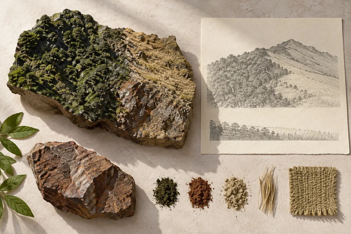 Guinea: a tabletop material and section study exploring forest slopes & mountain grasslands.