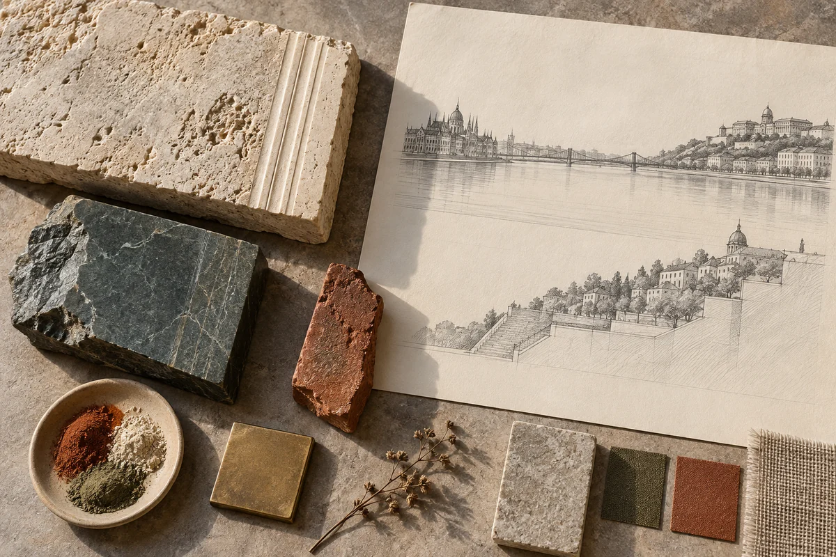 Hungary: a tabletop material and section study exploring riverfront ensembles & urban slopes.