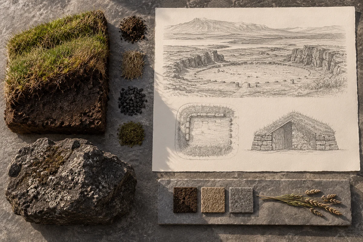 Iceland: a tabletop material and section study exploring turf booths & an open-air assembly.