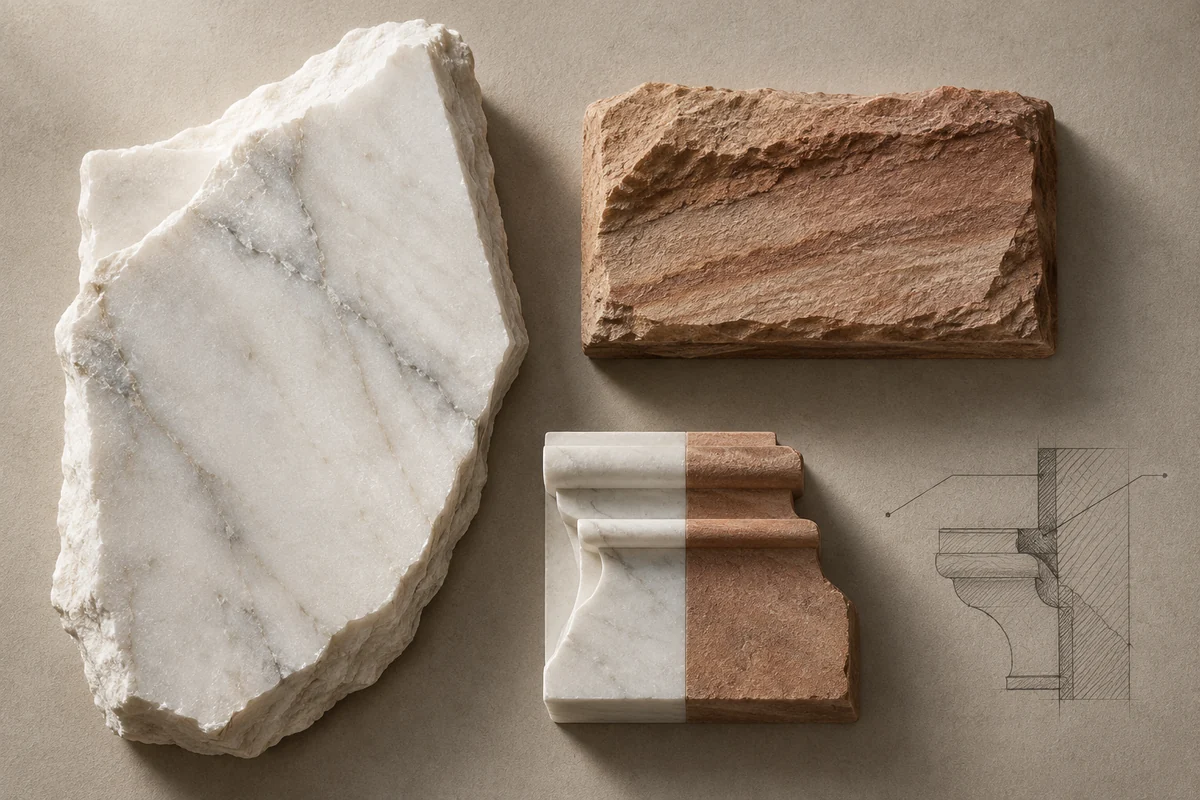 India: an overhead material and section study of makrana marble & sandstone.
