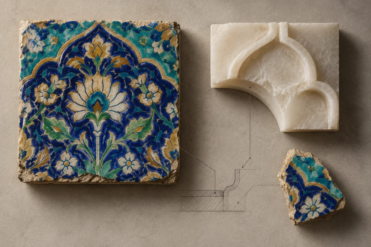 Iran: an overhead material and section study of haft-rangi glazed ceramic tile & isfahan alabaster.