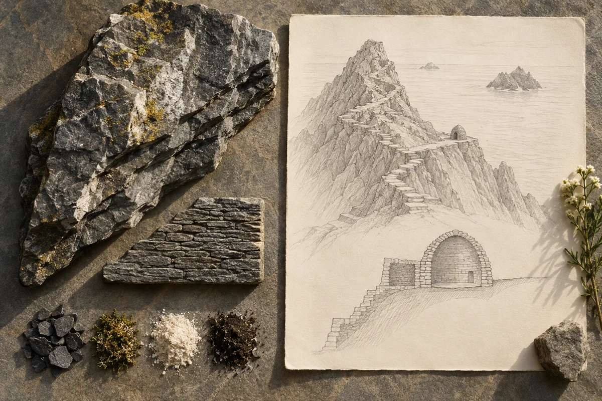 Ireland: a tabletop material and section study exploring island rock & monastic enclosure.