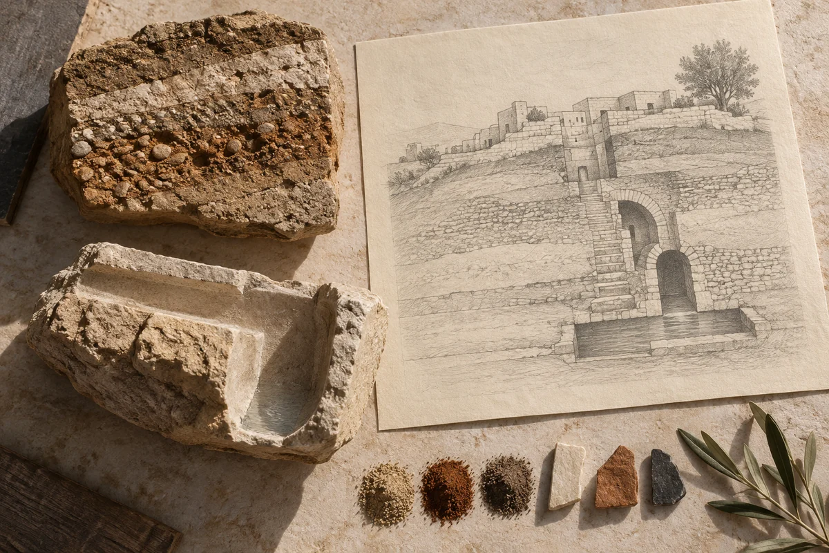 Israel: a tabletop material and section study exploring settlement mounds & water passages.