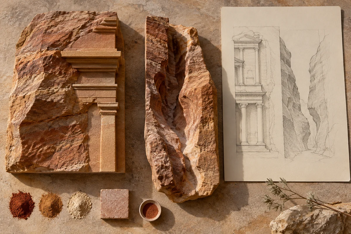 Jordan: a tabletop material and section study exploring carved sandstone & narrow passages.