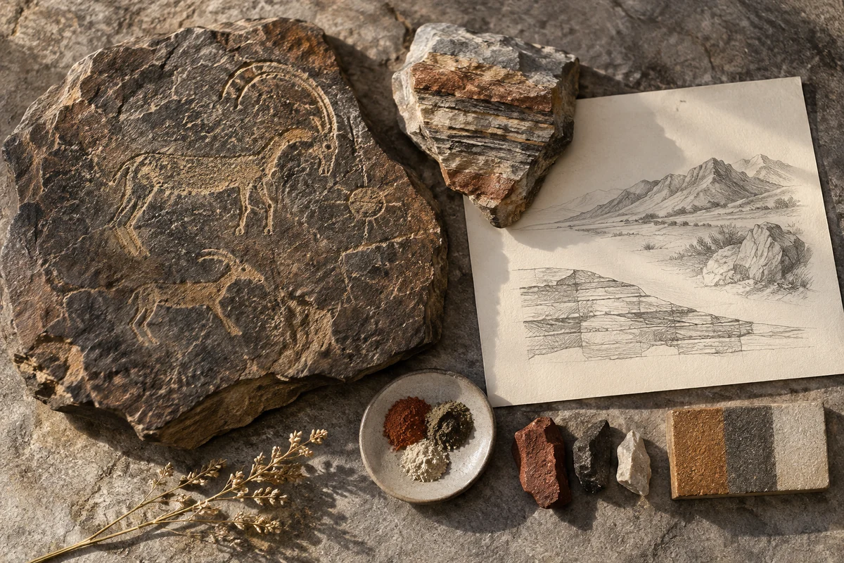Kazakhstan: a tabletop material and section study exploring engraved rock & layered landscapes.