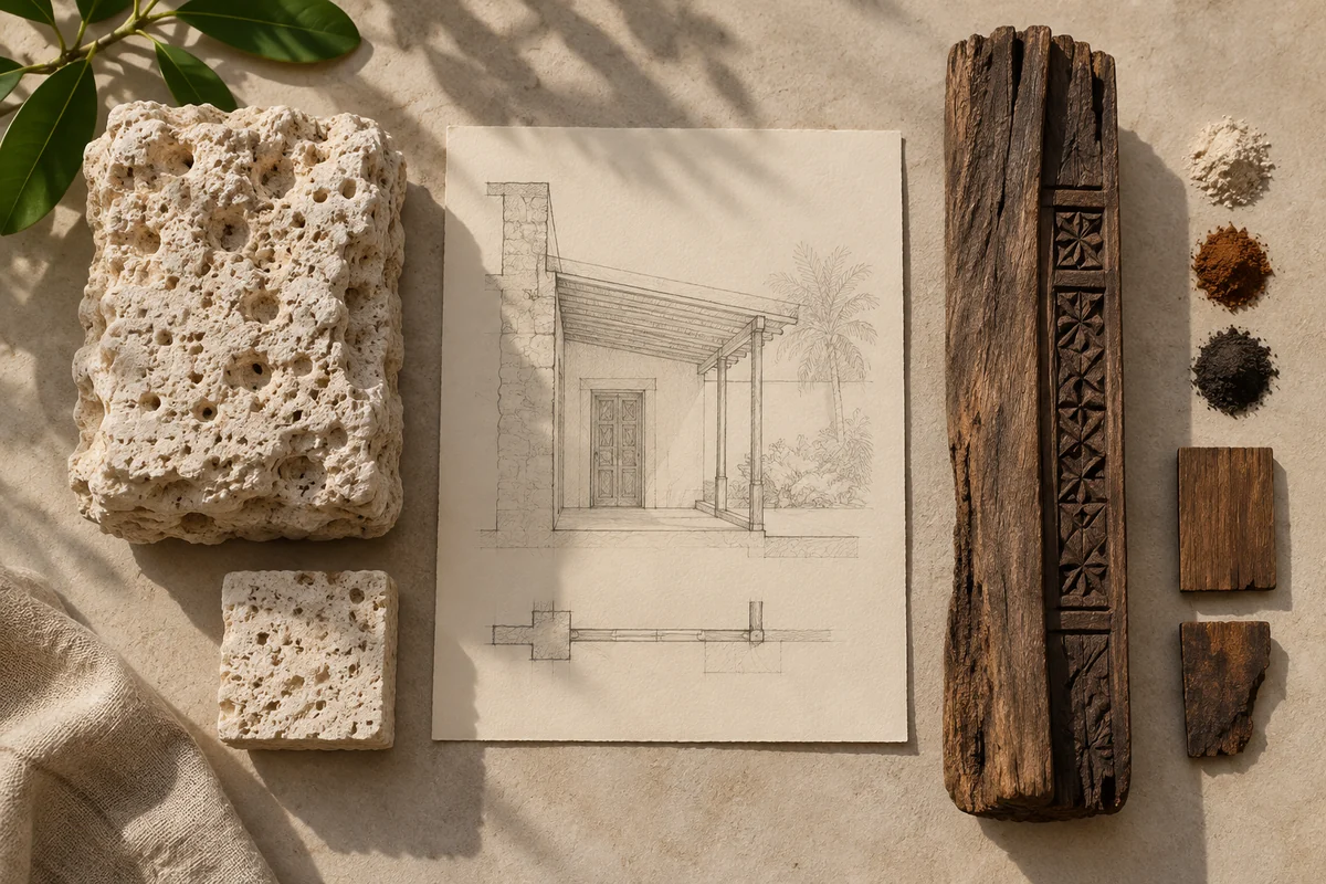 Kenya: a tabletop material and section study exploring coral stone & mangrove timber.