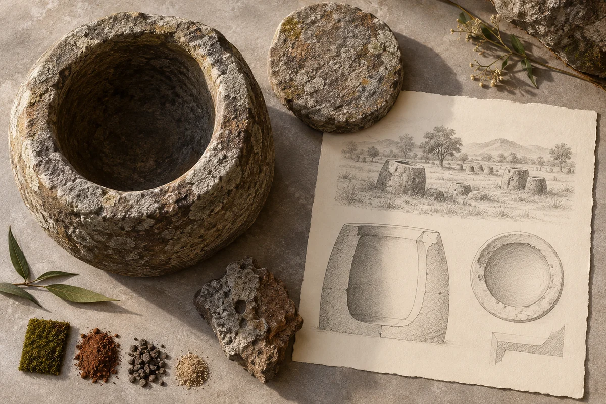 Laos: a tabletop material and section study exploring carved stone jars & funerary ground.